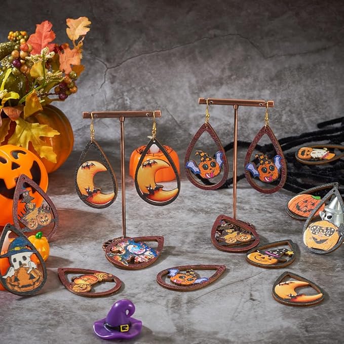 40pcs Halloween Teardrop Wooden Earring Charms Big Hollow Wood Cutouts with Pumpkin & Ghost & Bat & Spider Printed for Necklace Keychain DIY Jewelry Craft Making