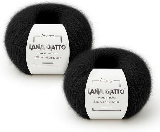 Silk Mohair Yarn for Knitting – Lace Weight Mohair Yarn with Silk, Made in Italy – Black-6037, 2 Skeins