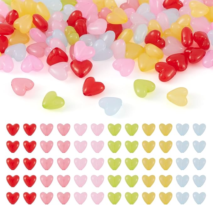 FASHEWELRY 100pcs Mini Clear Acrylic Heart Beads Dyed Colorful Heart Shape Spacer Beads Mixed Color Acrylic Loose Bead Bulk for Bracelet Necklace Earring Jewelry Making