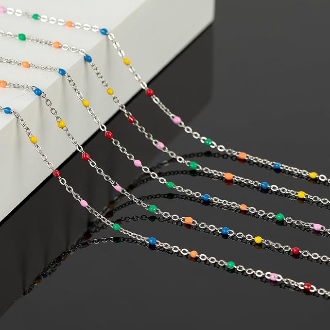 KYUNHOO Colorful Beaded Stainless Steel Jewelry Making Chains Silver Necklace Chains Bulk on Spool Thin Cable Chain Link with Jewelry Making Supplies for Bracelet Choker Crafting