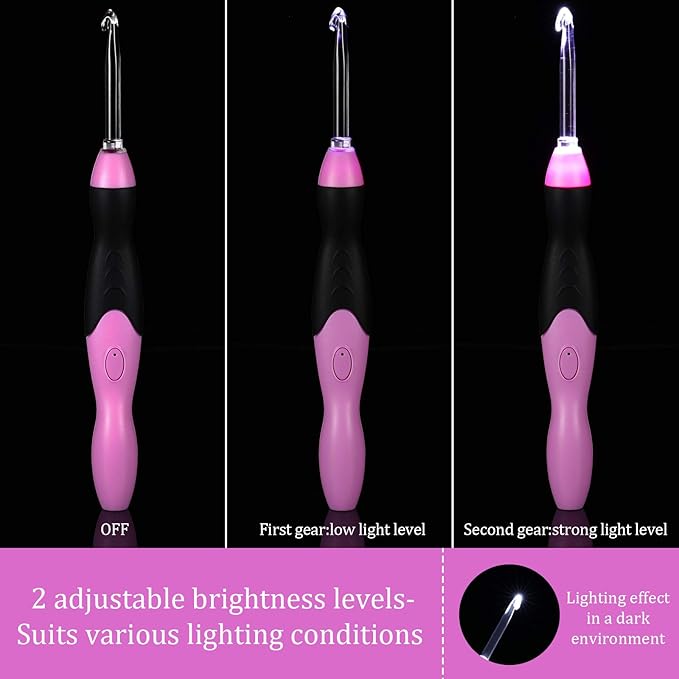 Chuangdi 11 Sizes Lighted Crochet Hooks Set Rechargeable Crochet Hook Light up Hooks with Case, Interchangeable Heads 2.5 mm to 8 mm for DIY Craft Supplies(Pink-Black)