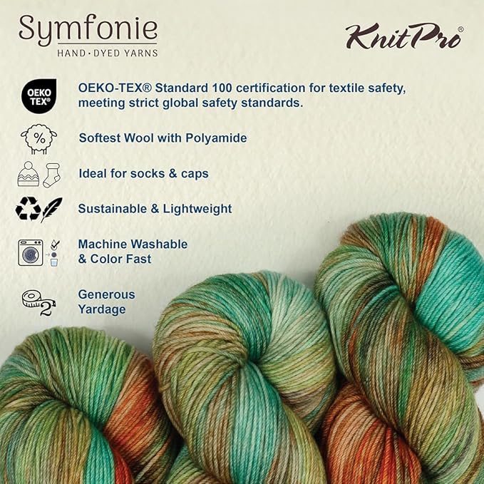 KnitPro Symfonie Fingering Weight Hand Dyed Variegated Yarn Skein | Extra Fine Merino Wool & Polyamide Blend for Knitting & Crocheting, Oeko-TEX Certified 400m, 100g | Terra Lagoon Dream