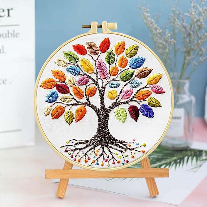 Zhenqing Rainbow Tree of Life Embroidery Kit for Beginners - 29x29cm Printed Fabric with Hoop & Full Tools (C0060)