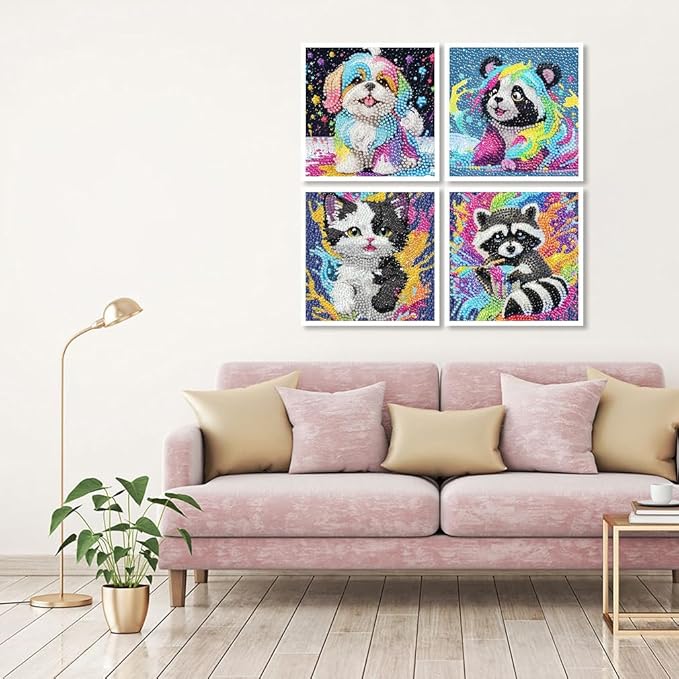 4 Pack Diamond Painting Kits for Beginners, 5D DIY Diamond Art Kit for Kid, Cute Animals Big Gem Art and Crafts, Easy Small Full Drill Painting Kits for Home Wall Decor 6" X 6"(4 Pack Adorable)