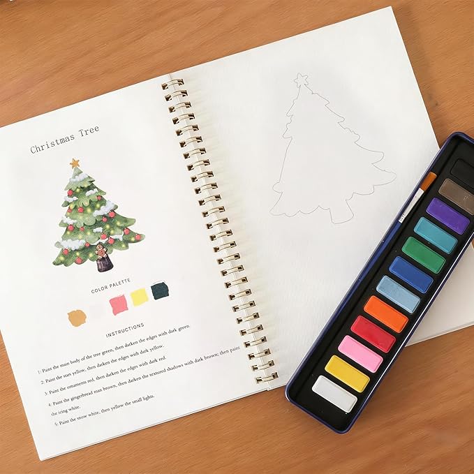 Watercolor Workbook, Water Coloring Book, 12 Different Patterns of Original DIY Designs, 12 Colors Watercolor Paint Set with Palette and Brush, Beginner-Friendly Watercolor Workbooks（Christmas）
