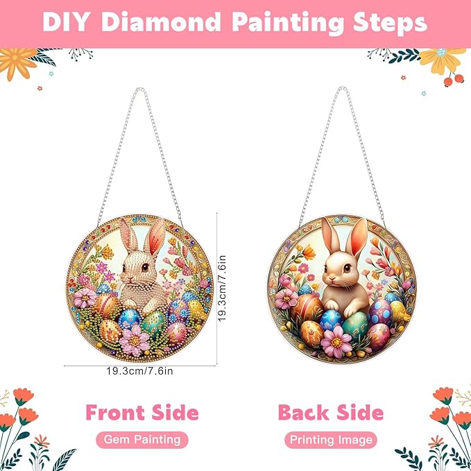 NAIMOER Easter Rabbit Egg Diamond Art Hanging Kits for Adults, 5D Special Shaped Rhinestone, DIY Spring Diamond Art Painting Window Pendants Home Garden Wall Hanging Ornament Kits, Double Sided