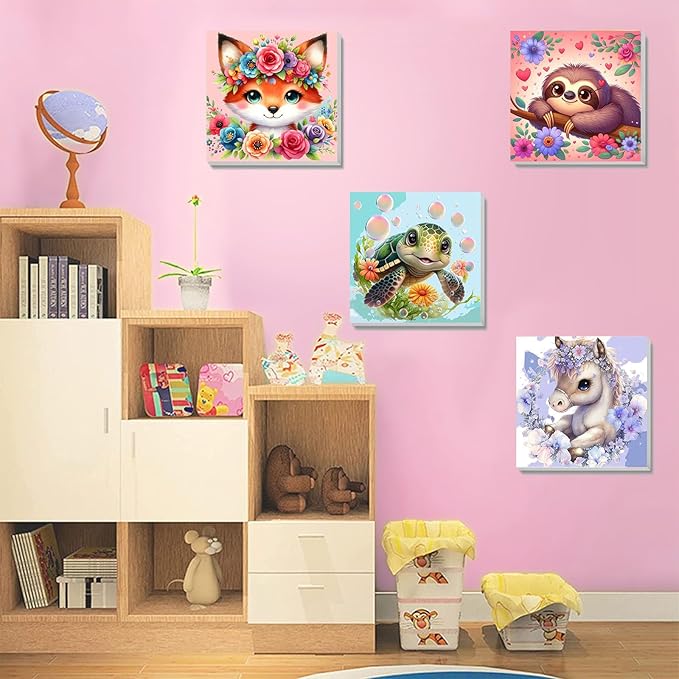 4 Pack Animal Paint by Number for Kids with Wooden Frame, Paint by Numbers for Kids Animals Ages 4-8-12, Easy Sloth Fox Sea Turtle Horse DIY Acrylic Oil Painting Kits for Home Wall Decor (8X8 inch)