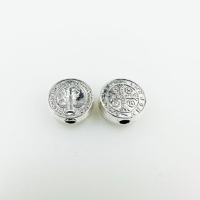 100pcs 9mm St. Benedict Medal Spacer Beads – Double-Sided Silver-Tone Catholic Cross Coin Beads for DIY Rosary Making, Bracelet & Necklace Jewelry Supplies (Saint Benedict)