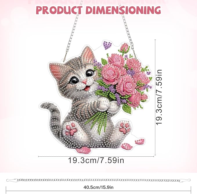 Bowetile Cat Diamond Art Hanging Kits for Adults, Diamond Art Suncatchers Flowers, 5D Special Shape Diamond Painting Pendant Window Ornament Valentine's Day Gifts for Home Wall Decor