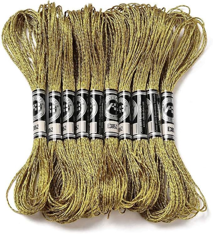 10 Skeins Yellow Gold Polyester Cross Stitch Thread Metallic Glitter Embroidery Floss Golden Silver Shimmer Crewel Polyester Floss Bulk for Sewing Making Home Decoration Friendship Bracelet