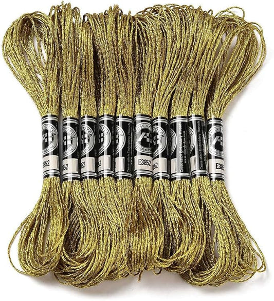 10 Skeins Yellow Gold Polyester Cross Stitch Thread Metallic Glitter Embroidery Floss Golden Silver Shimmer Crewel Polyester Floss Bulk for Sewing Making Home Decoration Friendship Bracelet