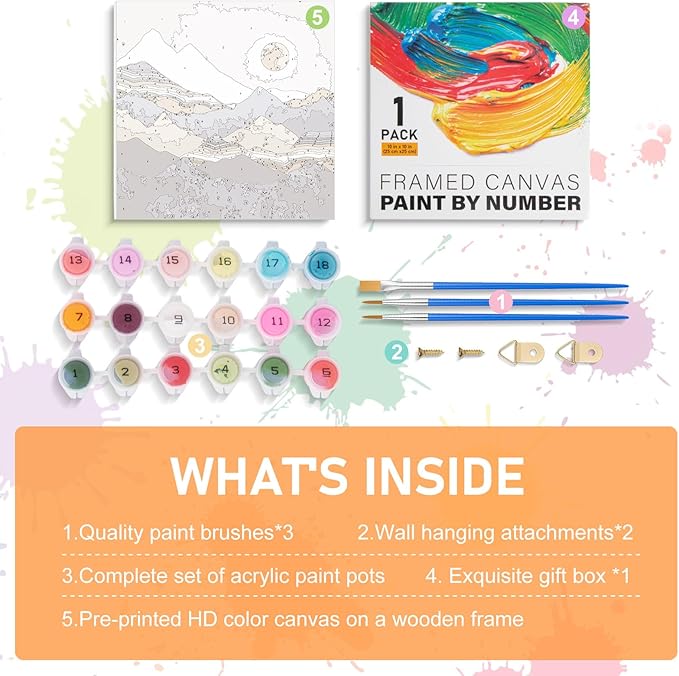 Framed Paint by Numbers Kit for Adults Beginners & Kids Ages 8-12, Abstract Mountain Acrylic Easy Paint by Number with Frame, Paint by Number Kits on Canvas Framed (10 * 10 Inch, without Easel)