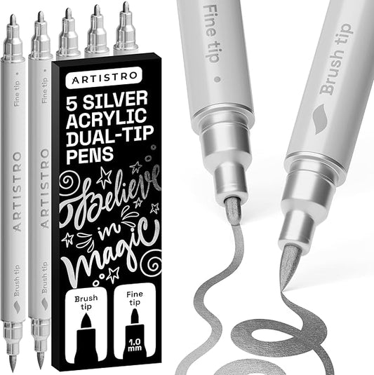 ARTISTRO 5 Silver Acrylic Paint Markers - Paint Pens for Drawing, Brush + Fine Tips - For Fabric, Rock, Glass, Wood, DIY, Eggs - Art & Craft Supplies for Adults, Teens, Kids - Easter Basket Stuffers
