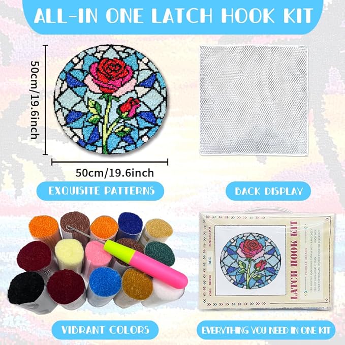 ORIGACH Stained Glass Rose Latch Hook Rug Kit for Adults Printed Rug Making Kit Handmade Carpet Tapestry Cover with Hook Latch and Preprinted Canvas, Home Arts Crafts Sofa Decor, 19.6x19.6inch