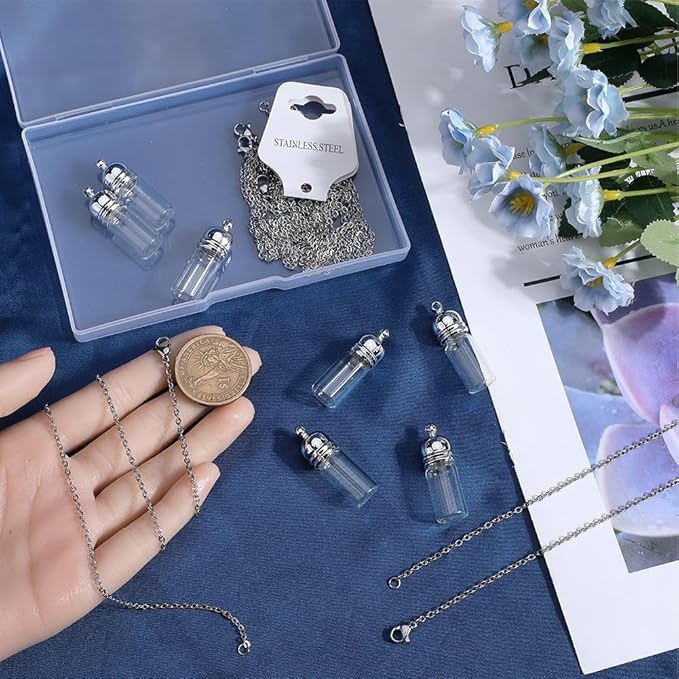 SUNNYCLUE 1 Box 10 Sets Glass Vial Necklace Making Kit Vial Necklaces Bulk Glass Bottle Charm Mini Wish Bottles for Jewelry Making Kits Memorial Keepsake Perfume Hair Mud Supplies