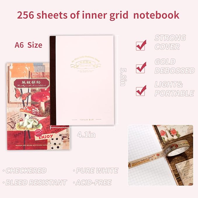 emmoolife Scrapbooking Supplies Kit, Vintage Mushroom Aesthetic Scrapbook Kit for Bullet Junk Journal, Stationery, A6 Grid Notebook, DIY Journaling Supplies, Birthday Craft Gift for Teen Girl Women