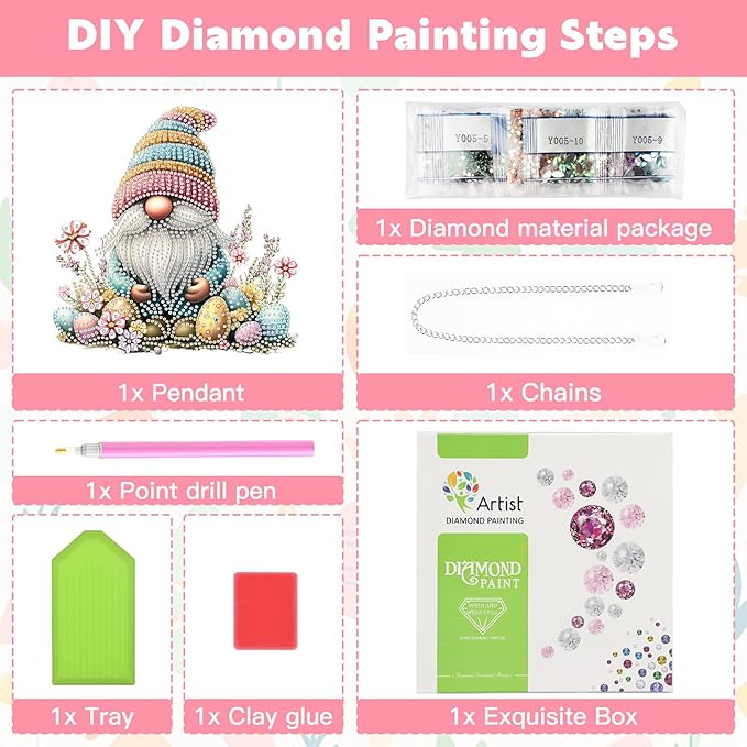 NAIMOER Easter Gnome Diamond Art Hanging Kits for Adults, 5D Special Shaped Rhinestone, DIY Acrylic Spring Diamond Art Painting Window Pendants Home Garden Wall Hanging Ornament Kits, Double Sided