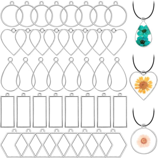 50pcs Open Bezels 5 Styles Open Frame Pendant Open Back Bezel Pendants Geometric Hollow Frame Pendant for Resin Casting, Necklace, Earrings, Pressed Flower, DIY Crafts(White K)