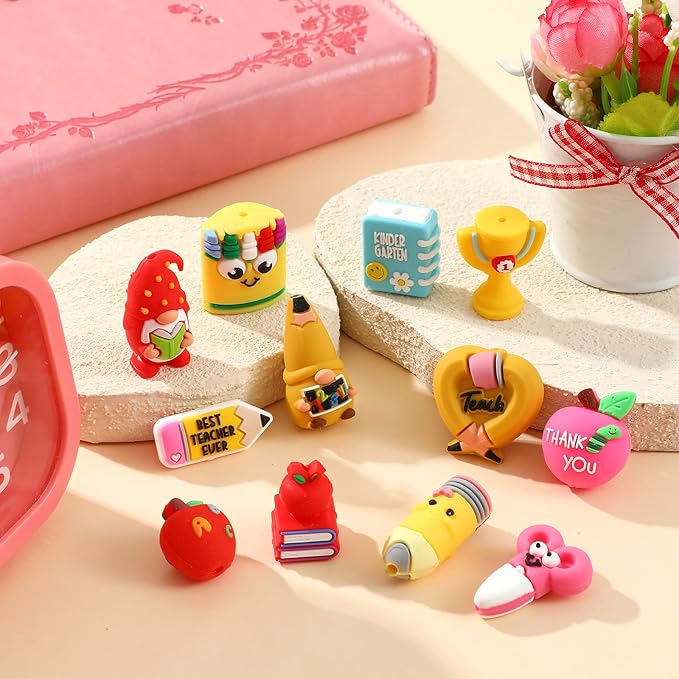 24 Pcs 3D Silicone Focal Beads Pens Beads Bulk for Beadable Keychain DIY Crafts Necklace Bracelet Phone Chain Charms Jewelry Making (Teachers' Day)