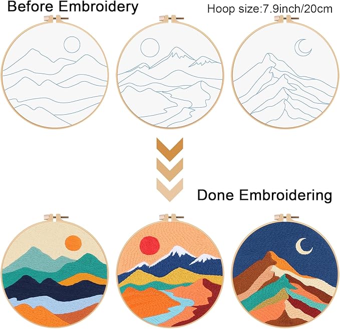 Louise Maelys 3 Set Landscape Embroidery Kits for Beginners,Cross Stitch Kit for Adults,DIY Needlepoint with Mountain Sun Moon Pattern