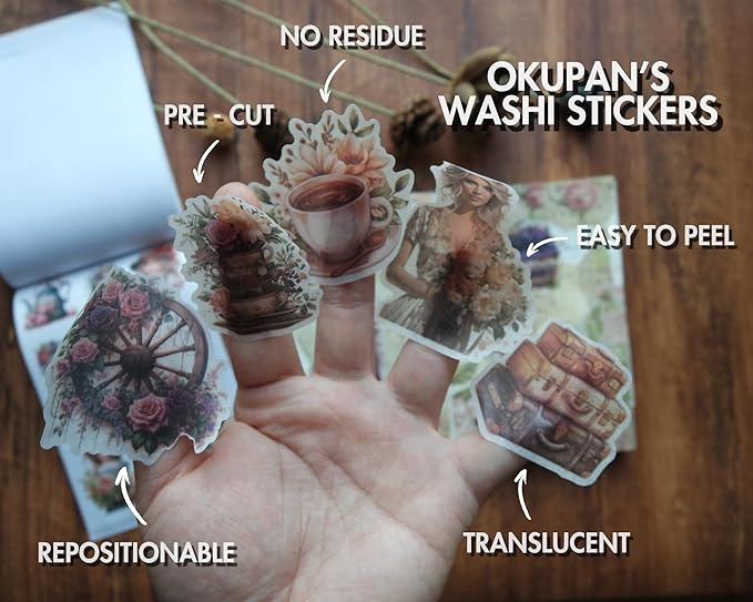 okupan vintage scrapbook stickers and ephemera pack – pre cut design scrapbooking supplies with 216 washi stickers & 30 papers for jounk journaling, planners, diy crafts, card making