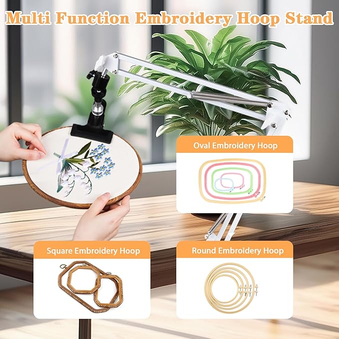 adjustable embroidery hoops stand for hand work,cross stitch frame with 360° rotation,needlework frame, embroidery stand suitable for embroidery kit,3-in-1 hoop/tablet/phone holder desk stand,white
