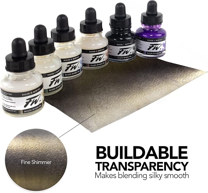 Daler-Rowney FW Acrylic Ink Bottle 6-Color Shimmering Set with Empty Marker - Acrylic Set of Drawing Inks for Artists and Students - Permanent Art Ink Calligraphy Set