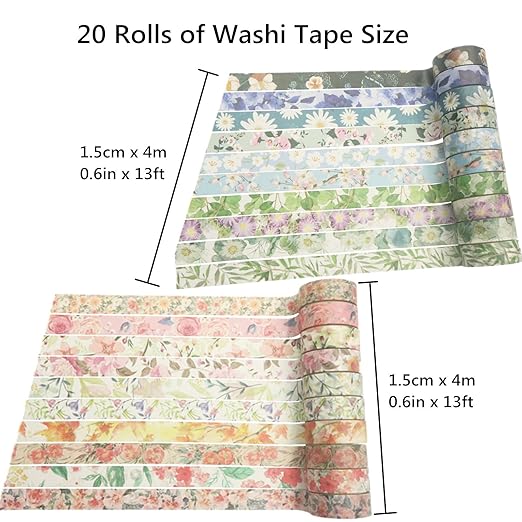 Floral Washi Tape Set 20 Rolls 15mm Wide Flower Decorative Paper Tapes for Scrapbooking, Journal, Planner, DIY Crafts, Gift Wrapping