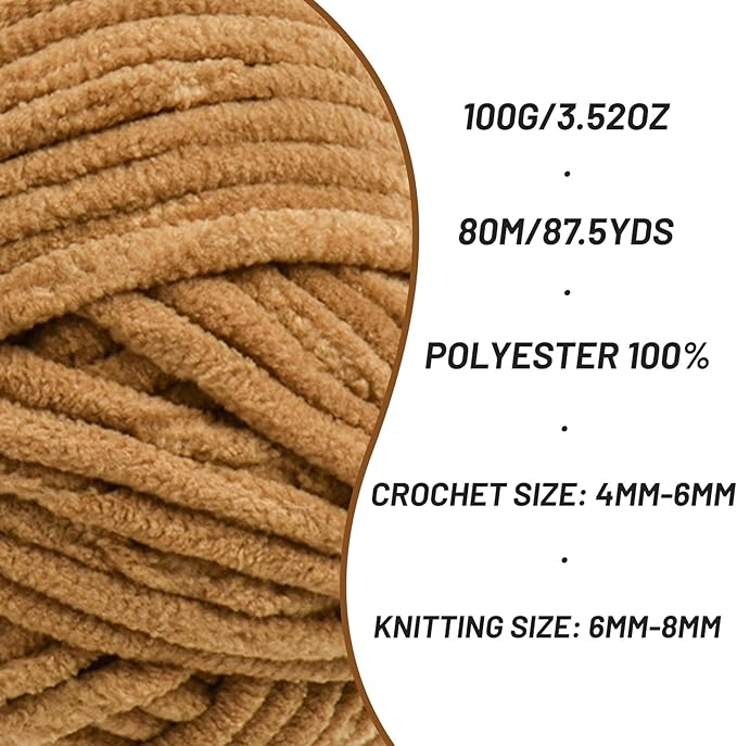 2 Pack Chunky Chenille Yarn for Crocheting, Baby Yarn for Crocheting Soft Blanket, 174.9 yds /7 oz Crochet Yarn, Bulky 5 Amigurumi Yarns, Fluffy Velvet Yarns for Knitting Crafts (2 Brown)