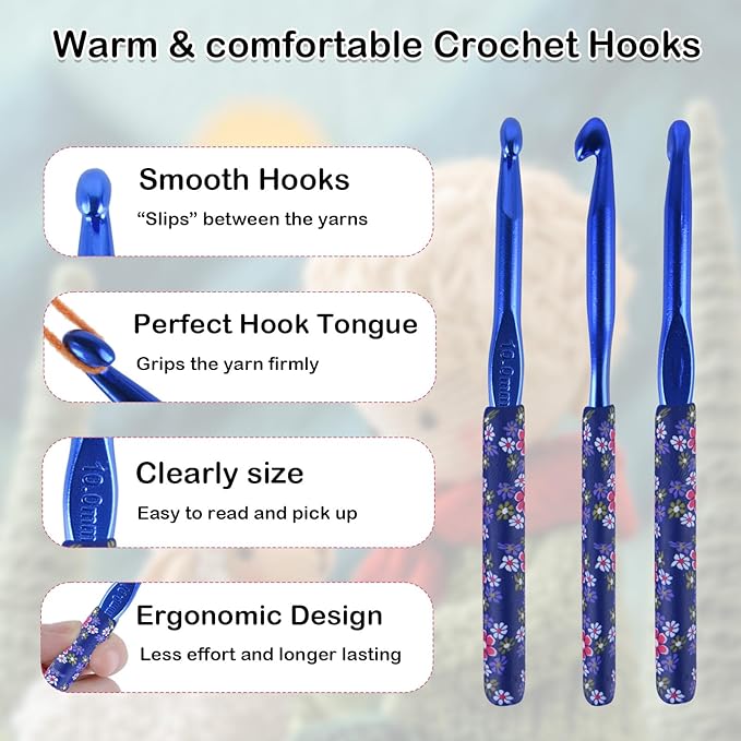 Crochet Hooks,5 Size Colorful Metal Crochet Hooks (6.5mm-10mm) Set with Stitch Markers for Beginners,Knitting Needles with Ergonomic Handles for Comfortable Crocheting