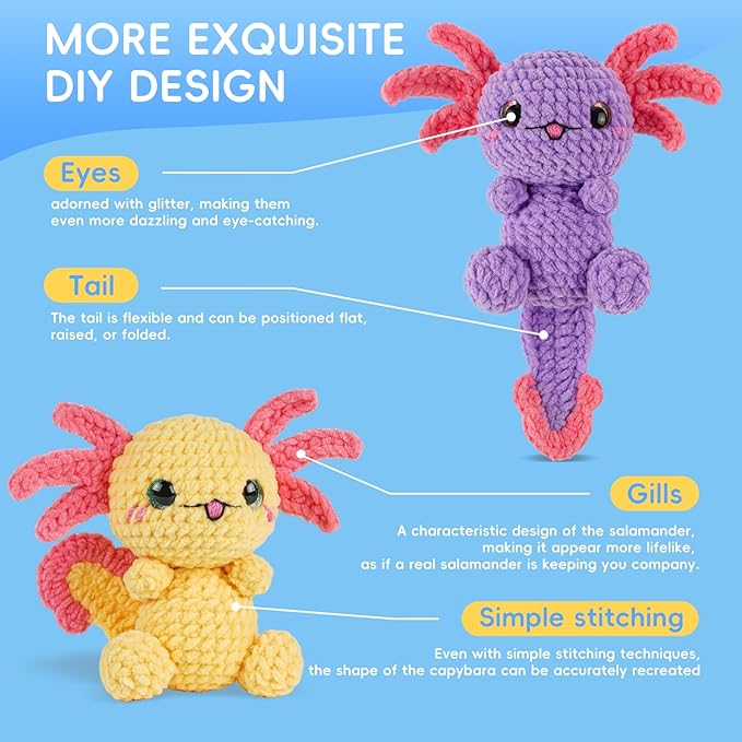 LUDOTEK Crochet Kit for Beginners, Crochet Animal Kits,Crocheting Kit for Starters with Step-by-Step Video Tutorials, Beginner Crochet Kits for Adults(2 Pack Axolotl)