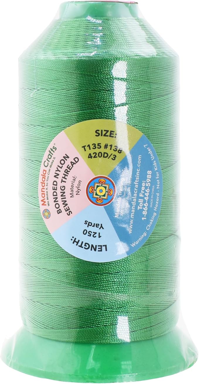 Mandala Crafts Size 138 420D T135 Bonded Nylon Thread - Green 1250 YDs Tex 135 Heavy Duty Sewing Threads for Leather, Jeans, Weaving, Outdoor Marine Upholstery
