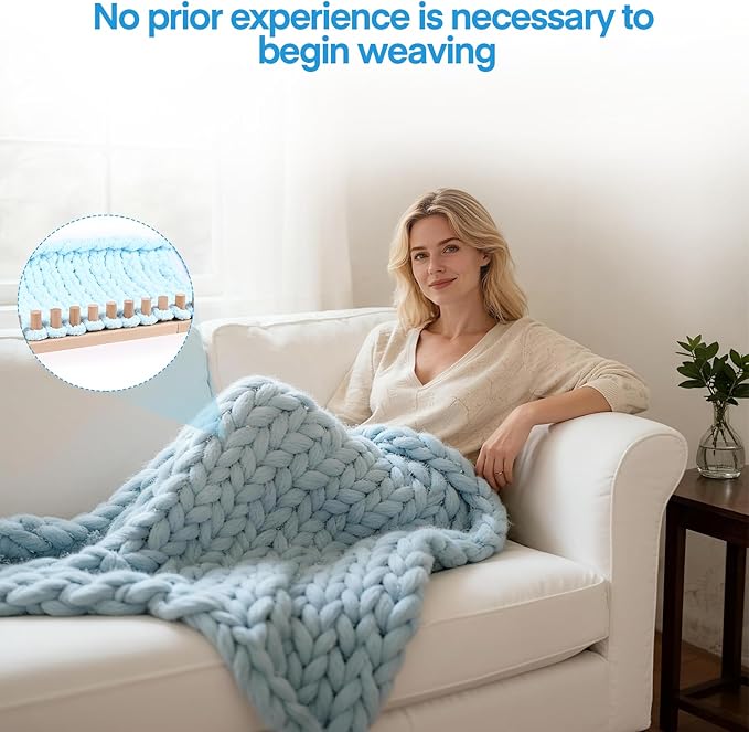cenoz 46" Beechwood Chunky Knitting Blanket Loom Kit - Adjustable Size Hand Knitting Loom for DIY Throw Chunky Yarn Blankets Scarves Rugs, No Needles Required, Blanket Loom Gift for Beginners Starter