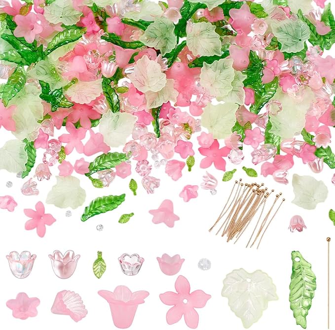 NBEADS 417 Pcs Acrylic Assorted Beads Kit, Frosted Flower Beads Caps Maple Leaf Acrylic Pendants Leaf Loose Beads Earring Making Kit with Faceted Glass Beads Brass Ball Pins for Jewelry Making