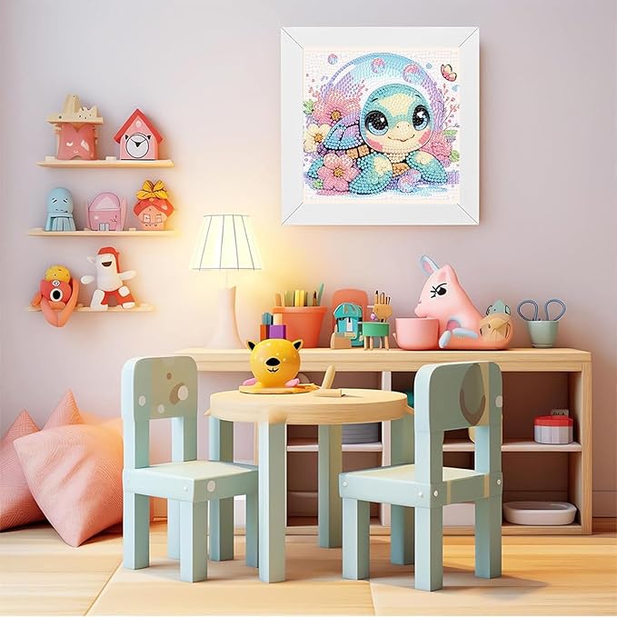 Arttoplus Turtle Diamond Art Kits for Kids 4-6-8-12 with Frame-Turtle Gem Art Kits for Kid,Animal Diamond Painting Kits for Kids with Frame for Gift Home Wall Decoration(7x7inch)