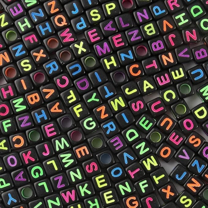 Acrylic Black Letter Beads Alphabet Colorful Letters Black Cube Bead, 6×6mm 900pcs, Friendship Bracelets Letter Beads Black Square