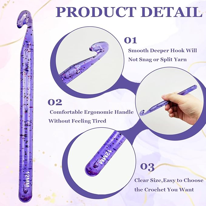 Hobekoee 12mm Large Crochet Hook for Chunky Yarn,Ergonomic Crochet Needles for Arthritic Hands,Plastic Crystal Smooth Crochet Hooks for Handmade DIY Crocheting