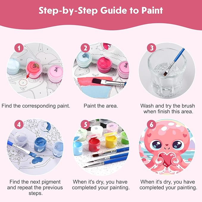 4 Pack Paint by Number for Kids with Wooden Frame, Cute Crab, Pretty Owl, Lion, Octopus Paint by Numbers for Kids Ages 8-12, Cartoon, DIY Acrylic Oil Painting Beginners for Home Wall Decor 8X8 inch