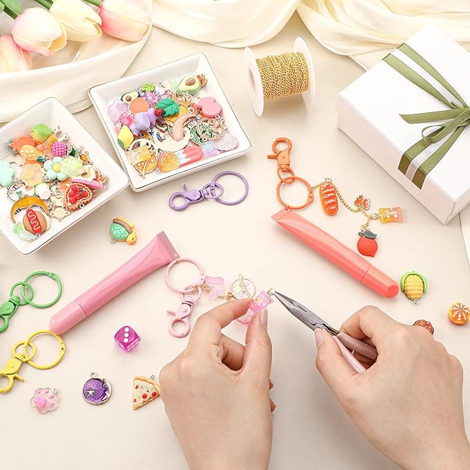 VioraWhite 213 Pcs Lip Gloss Keychain Making Kit 100 Pink Enamel Charms 32.81 ft Gold Chains for DIY Crafts Women(Cute)