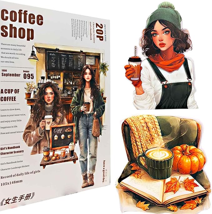 20 Sheets Coffee Sticker Book for Journaling, Fashion Colored Girl Sticker Book for Scrapbook Supplies, Pre-Cut Aesthetic Waterproof PET Translucent Stickers for Junk Jounal Bujo