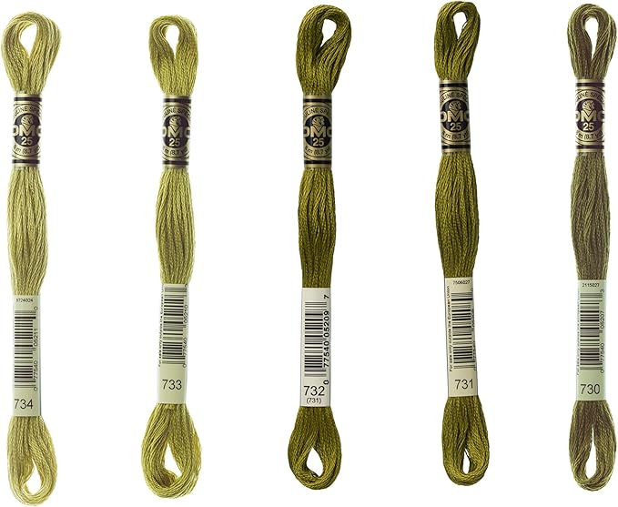 Generic DMC 6-Strand Embroidery Cotton Bundle - Olive Green Color Family - 5 Skeins of Thread - 8.7yd Skeins