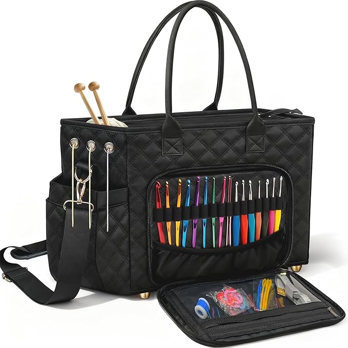 VERONLY Crochet Bag Yarn Storage, Large Knitting Tote with Padded Crochet Hook Organizer, Tote with Multiple Compartments for Crochet Lovers, Knitting Accessories, Unique Valentines Gifts for Her