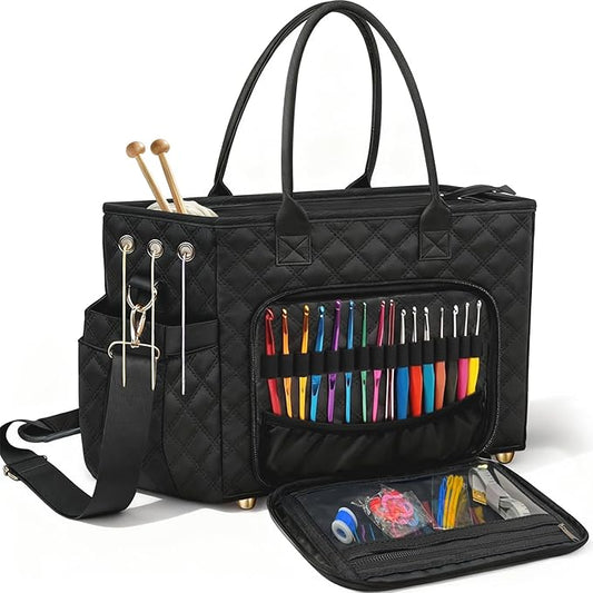 VERONLY Crochet Bag Yarn Storage, Large Knitting Tote with Padded Crochet Hook Organizer, Tote with Multiple Compartments for Crochet Lovers, Knitting Accessories, Unique Valentines Gifts for Her