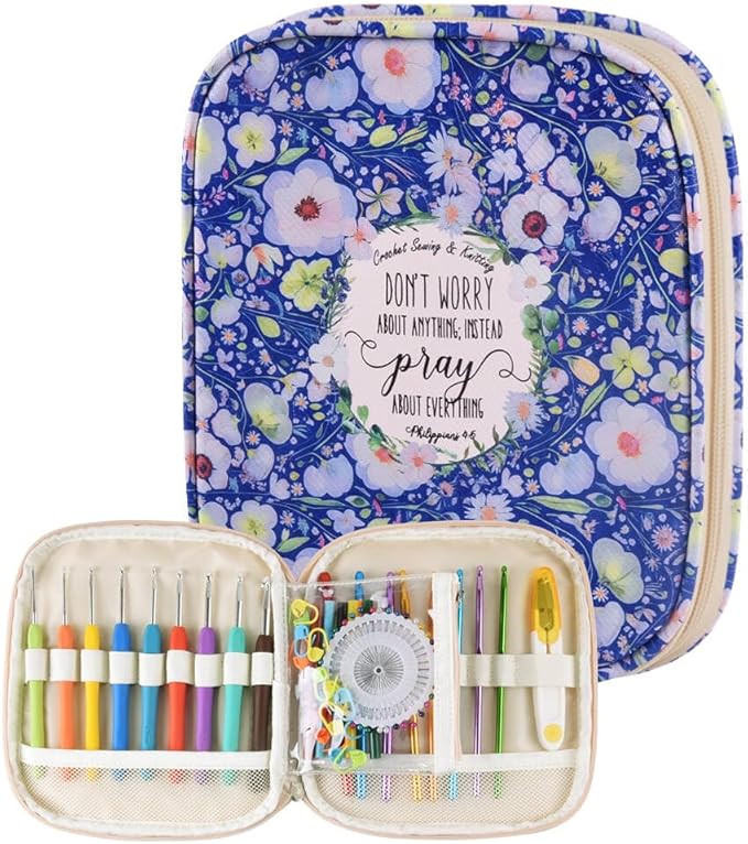 Crochet Hook Case,Portable Zipper Storage Organizer Bag for Crochet Hooks, Knitting Needles, Project & Sewing Supplies, Lightweight,Easy to Hold (No Accessories Included).Royal Blue Flowers