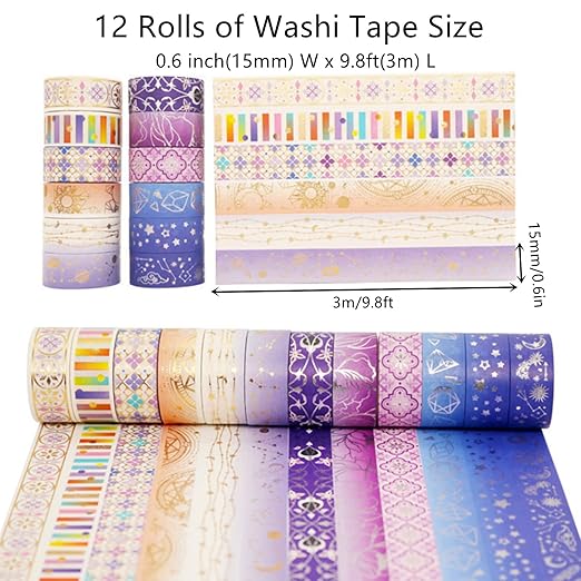 12 Rolls Galaxy Washi Tape Set Bronzing Starry Night Decorative Masking Tape for Scrapbooking, Journal, Planner, DIY Crafts, Gift Wrapping