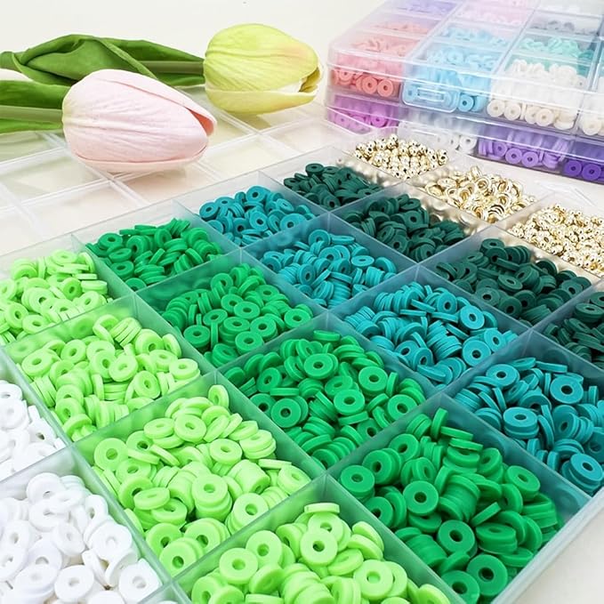 MIIIM Green Clay Beads Kit for Bracelets Making, Heishi Beads for Friendship Bracelet, Clay Charms and Gold Spacers for Jewelry Making, Crafts, Concert, Raves, Gifts