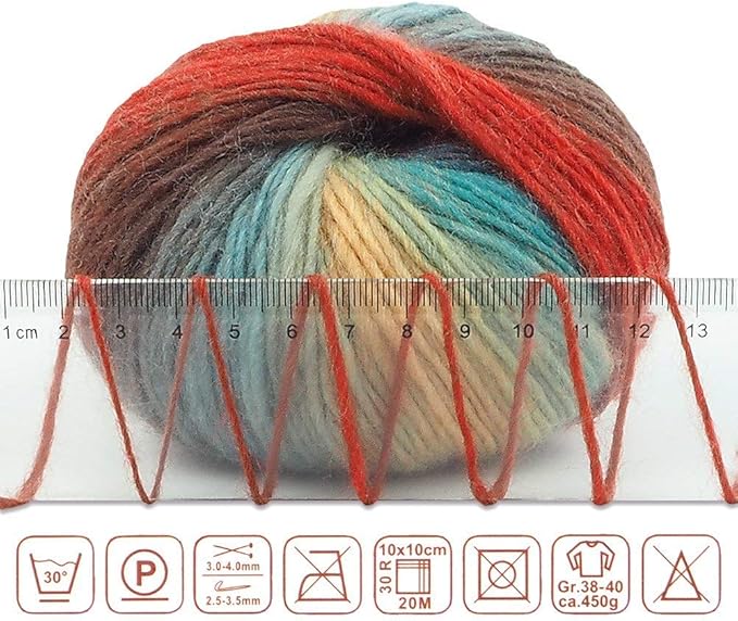NICEEC 3 Skeins 100% Wool Rainbow Yarn Soft Gradient, Self-Striping, Colorful Single Ply Yarn for Crochet & Knitting - 14#