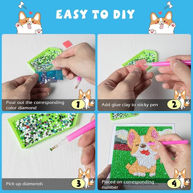 QEUOYSS Diamond Art Kit for Kids with Wooden Frame Art and Crafts for Kids Ages 6-8 -10-12 Easy to DIY Diamond Art for Kid and Adult Beginners Home Wall Decoration (Dog)