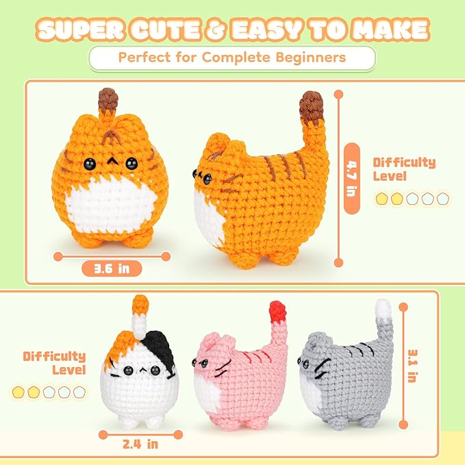 Crochet Kit for Beginners-4PCS Cat Crochet Kits for Adults, Teacher Appreciation Gifts, Crochet Starter Kit with Step-by-Step Video Tutorials, Crochet Animals Kits DIY Craft Kit Learn to Crochet Kits