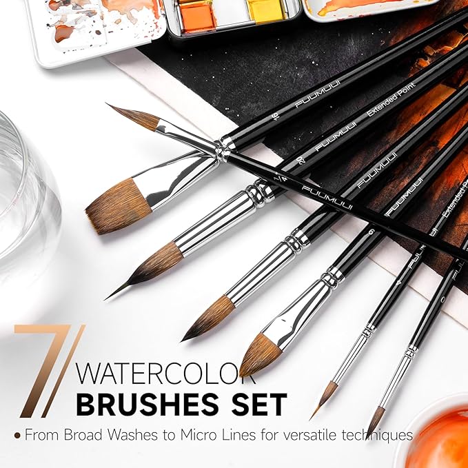 Watercolor Brush Set, Fuumuui 7pcs Professional Sable Paint Brushes with Extended Needle, Round Point, Flat, Dagger, Cat's Tongue for Watercolor, Acrylic, Gouache – Detail & Wash Painting